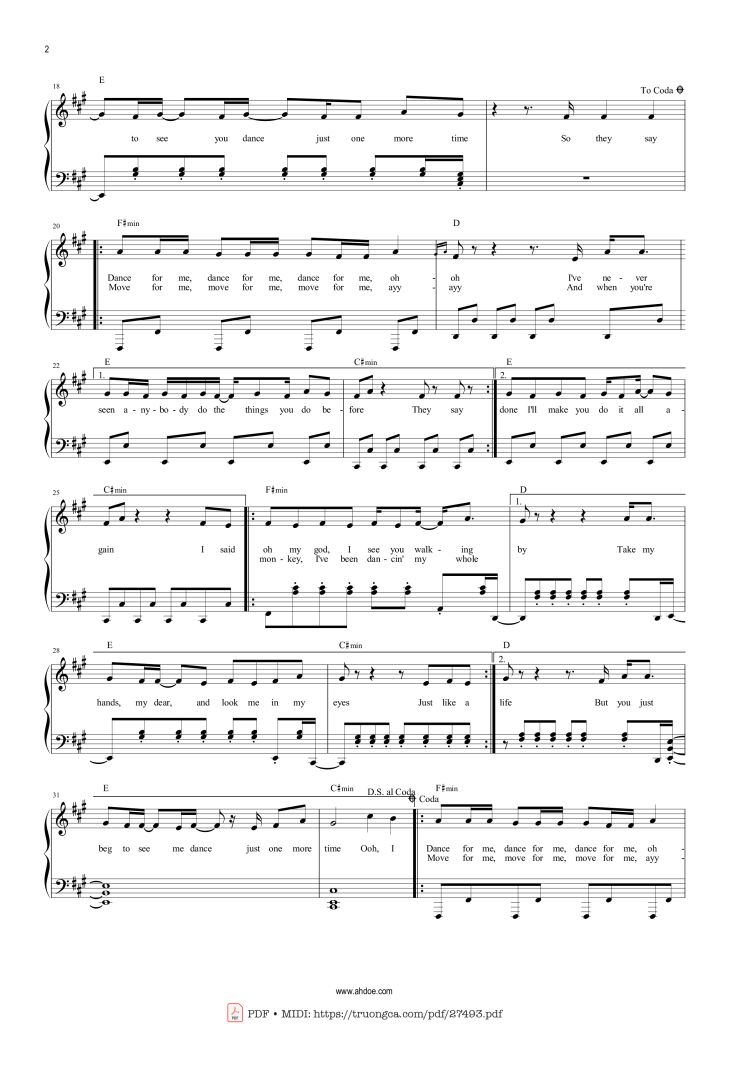 Page 2 of the piano sheet music PDF – Dance Monkey by Toni Watson