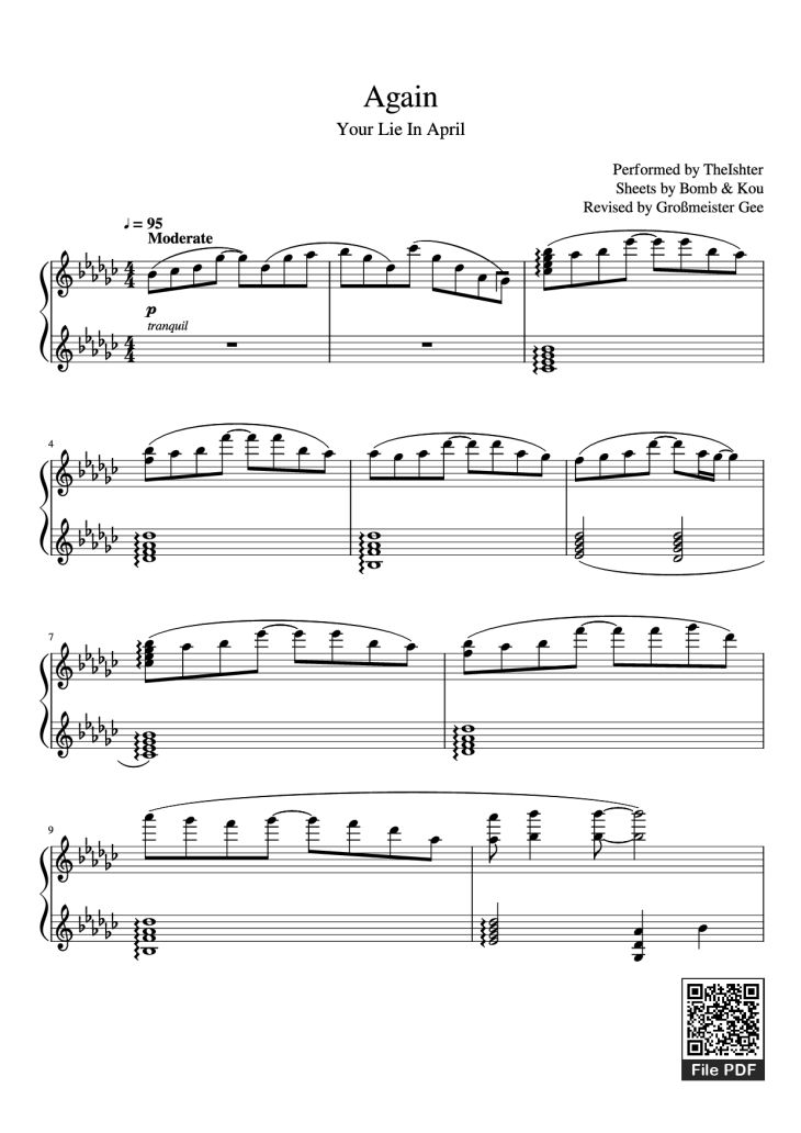 Page 1 of the piano sheet music PDF Piano – Again Piano by Performed by TheIshter Sheets by Bomb & Kou Revised by Großmeister Gee