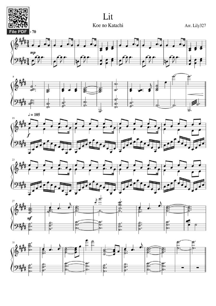 Page 1 of the piano sheet music PDF Piano – Lit Piano by Arr. Lily327