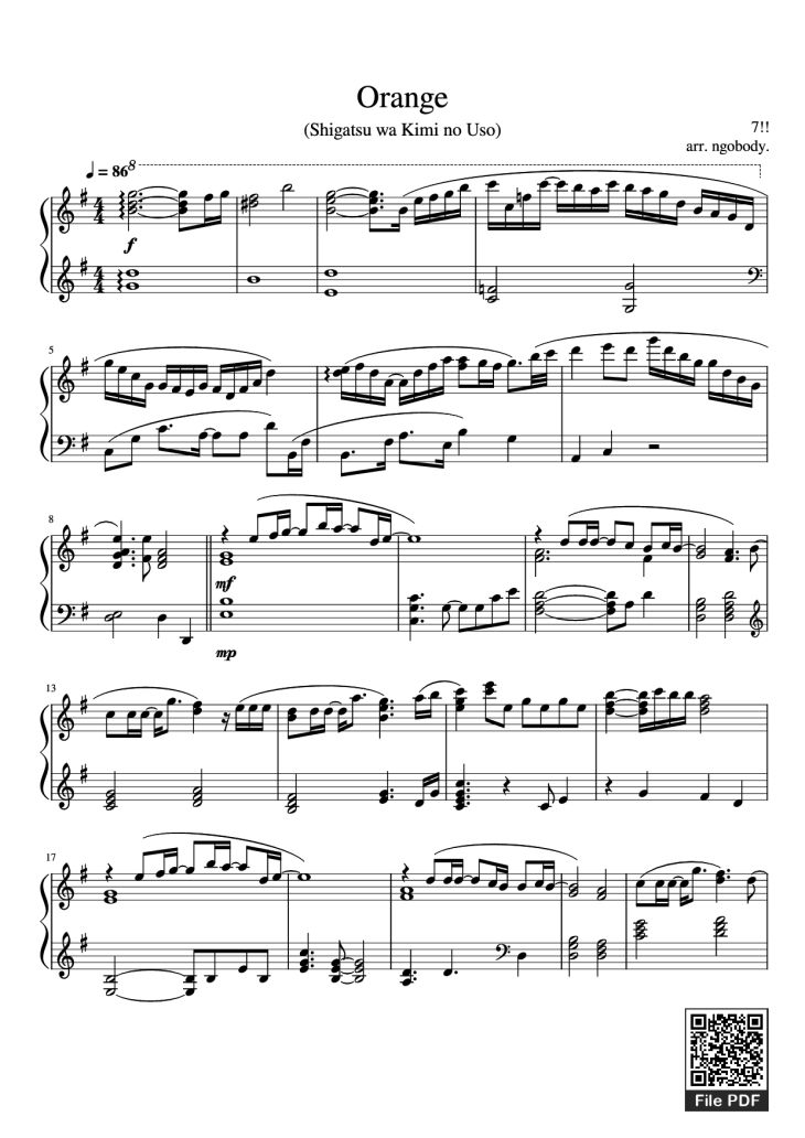 Page 1 of the piano sheet music PDF – Orange Piano by 7!!