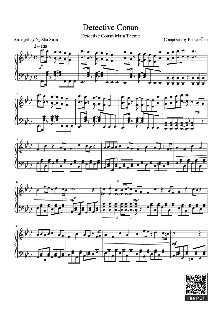 Page 1 of the piano sheet music PDF Piano – Detective Conan Piano by Composed by Katsuo Ōno