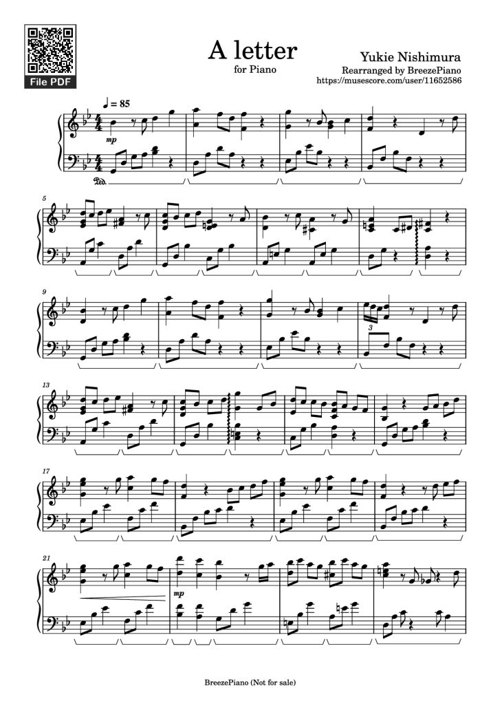 Page 1 of the piano sheet music PDF Piano – A letter Piano by Yukie Nishimura