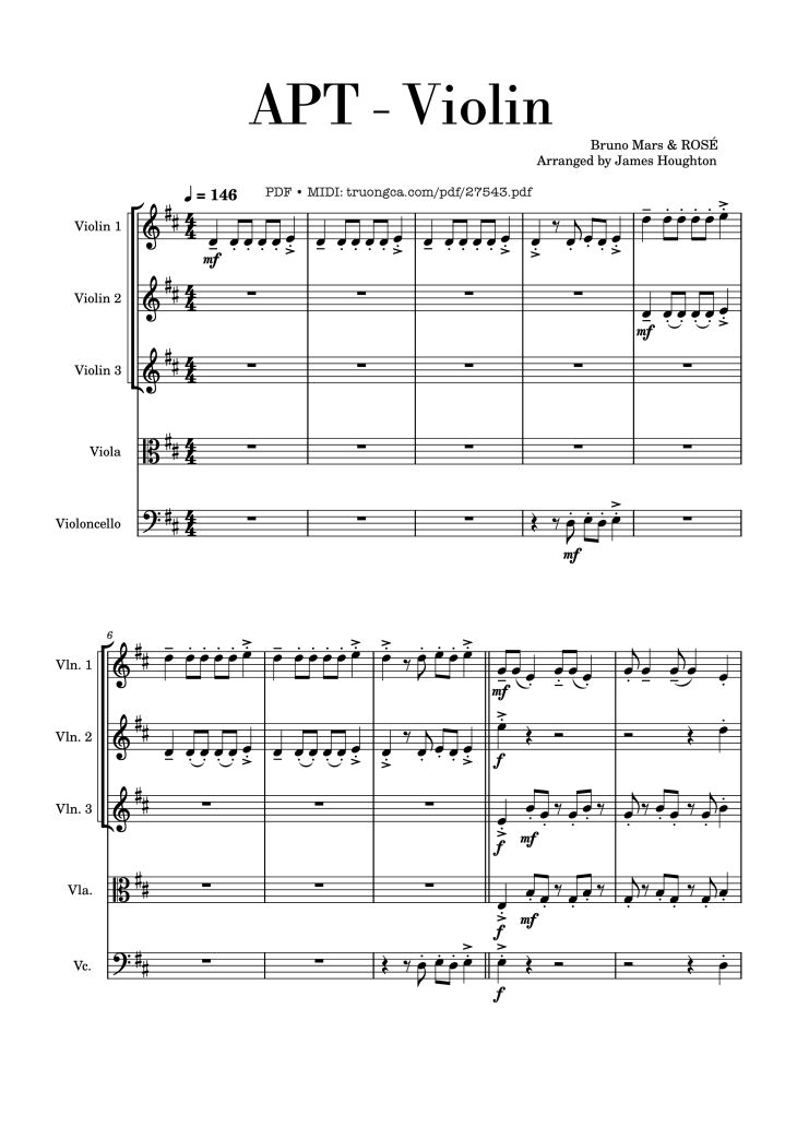 Page 1 of the piano sheet music PDF – APT. Violin by Bruno Mars & ROSÉ