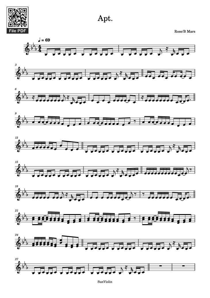 Page 1 of the piano sheet music PDF – Apt. Violin by Rose/B Mars