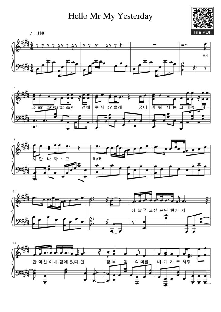 Page 1 of the piano sheet music PDF Piano – Hello Mr My Yesterday Piano by Undefined