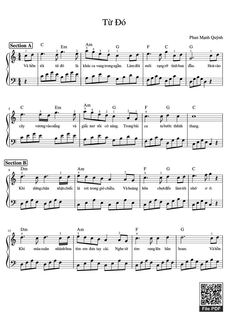 Page 1 of the piano sheet music PDF Piano – Từ Đó Piano by Phan Mạnh Quỳnh