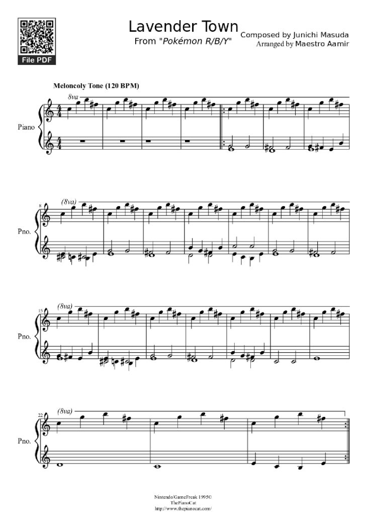 Page 1 of the piano sheet music PDF Piano – Lavender Town Piano by Composed by Junichi Masuda