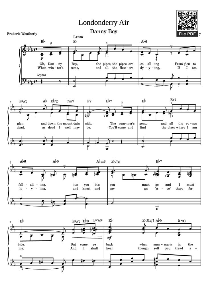 Page 1 of the piano sheet music PDF Piano – Londonderry Air Piano by Old Irish Melody
