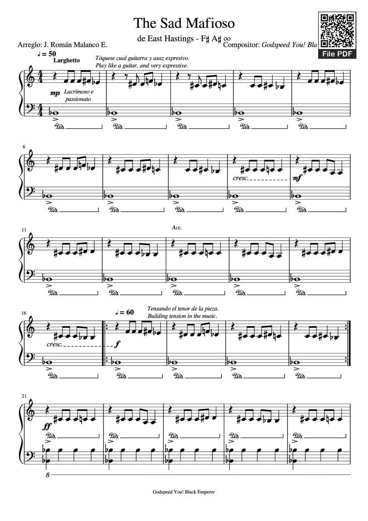 Page 1 of the piano sheet music PDF – The Sad Mafioso Piano by Compositor: Godspeed You! Black Emperor