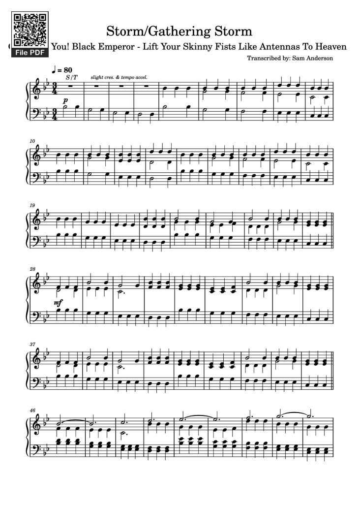 Page 1 of the piano sheet music PDF – Storm/Gathering Storm Piano by Transcribed by: Sam Anderson
