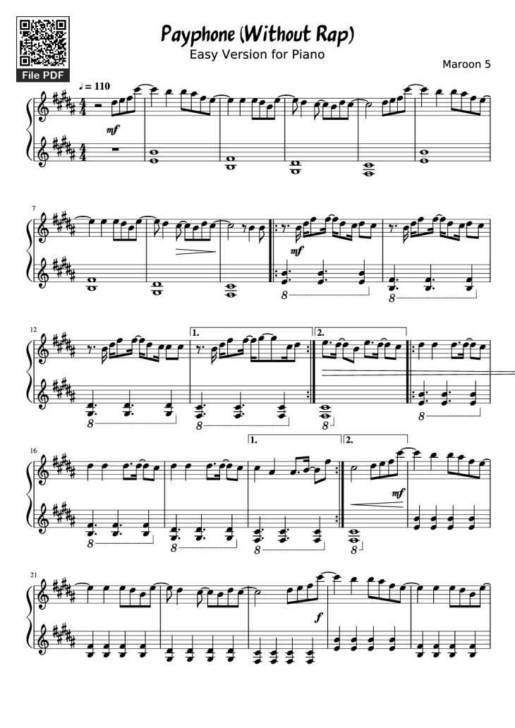 Page 1 of the piano sheet music PDF Piano – Payphone (Without Rap) Piano by Maroon 5