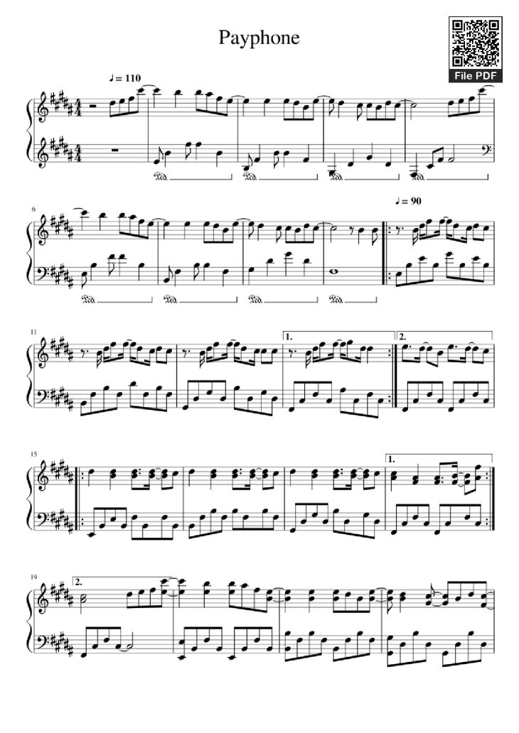 Page 1 of the piano sheet music PDF Piano – Payphone Piano by Undefined
