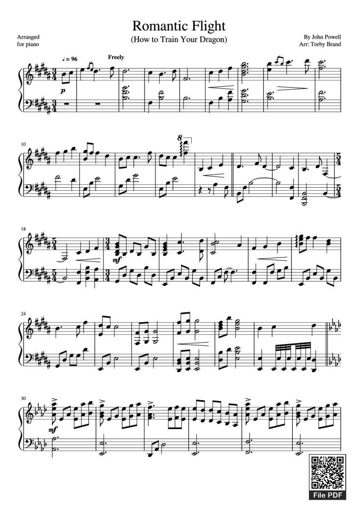 Page 1 of the piano sheet music PDF Piano – Romantic Flight Piano by John Powell