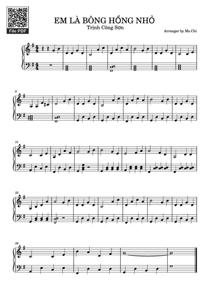 Page 1 of the piano sheet music PDF Piano – EM LÀ BÔNG HỒNG NHỎ Piano by TRịnh CÔng Sơn