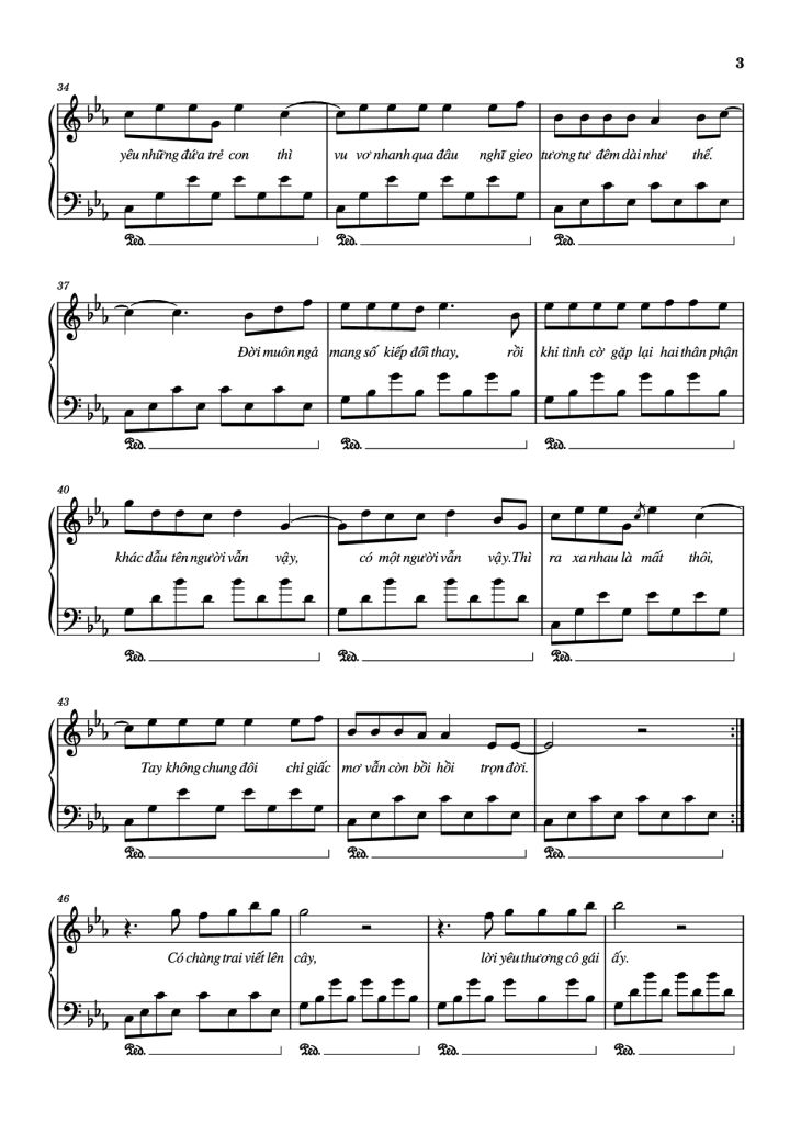 Page 3 of the piano sheet music PDF Piano – Có chàng trai viết lên cây Piano by Phan Mạnh Quỳnh