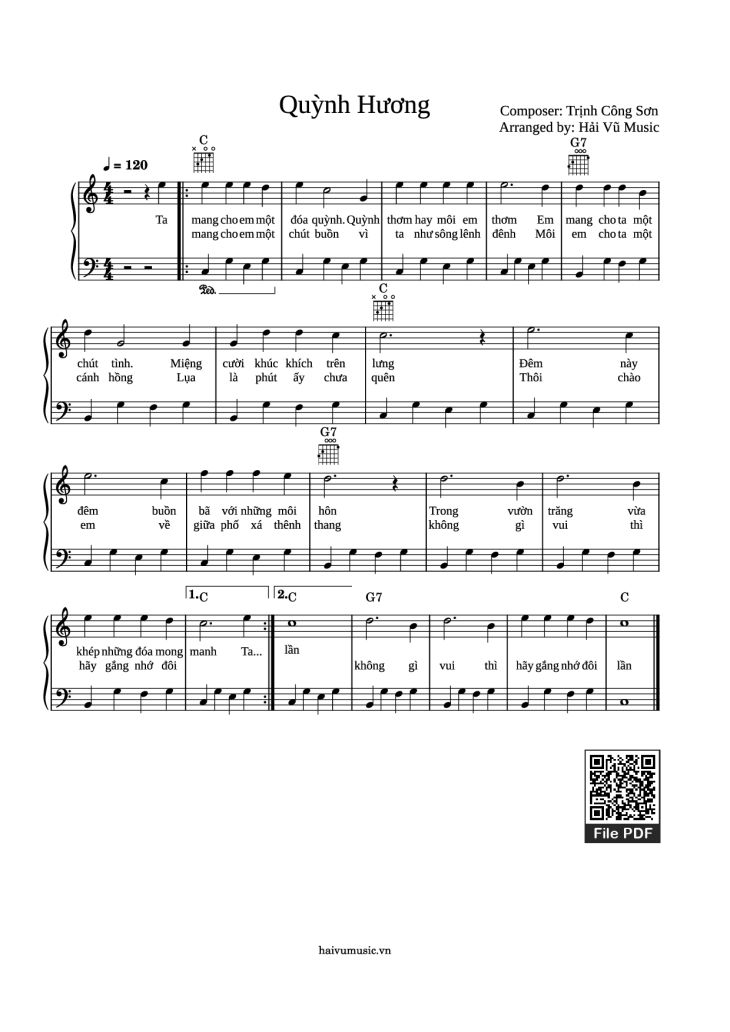 Page 1 of the piano sheet music PDF Piano – Quỳnh Hương Piano easy by Trịnh Công Sơn