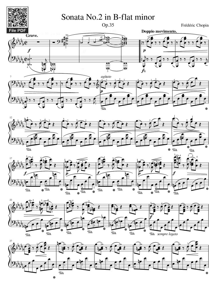Page 1 of the piano sheet music PDF Piano – Funeral March Sonata No. 2 Op. 35 (Chopin) by Frédéric Chopin