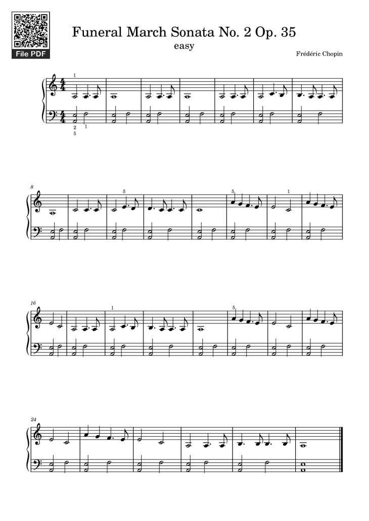 Page 1 of the piano sheet music PDF Piano – Funeral March Sonata No. 2 Op. 35 (Easy) by Frédéric Chopin