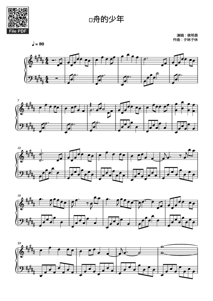 Page 1 of the piano sheet music PDF Piano – 远舟的少年 Piano (Niên Thiếu Của Viễn Châu) by 夕林子休