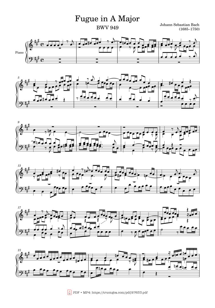 Page 1 of the piano sheet music PDF Piano – Fugue in A Major Piano by Johann Sebastian Bach