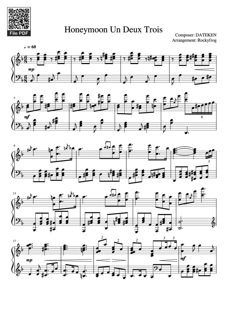 Page 1 of the piano sheet music PDF Piano – Honeymoon Un Deux Trois Piano by Composer: DATEKEN Arrangement: Rockyfrog