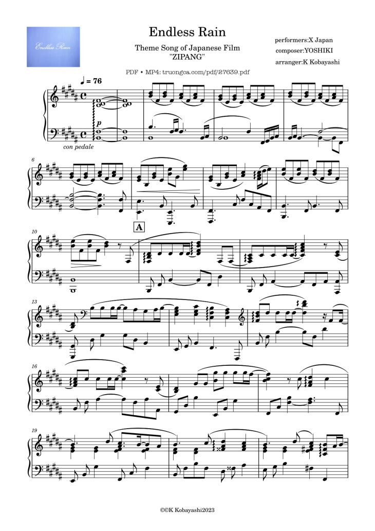 Page 1 of the piano sheet music PDF Piano – Endless Rain Piano by Composer:YOSHIKI