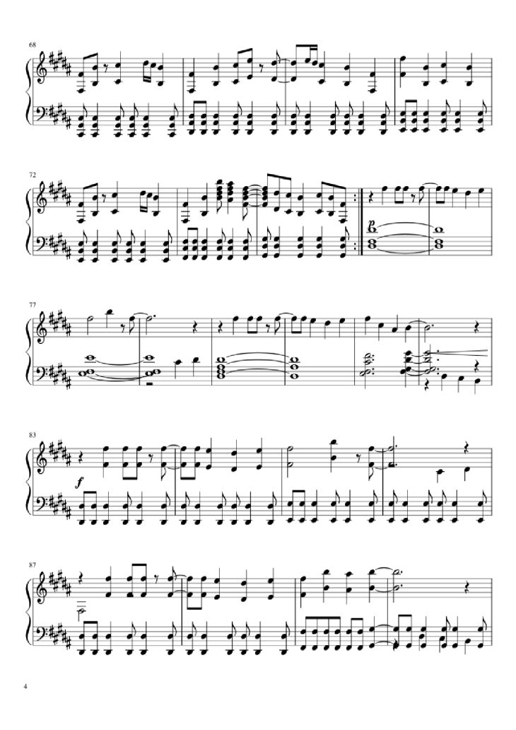 Page 4 of the piano sheet music PDF Piano – Hopes and Dreams/Save the World Piano by Toby Fox