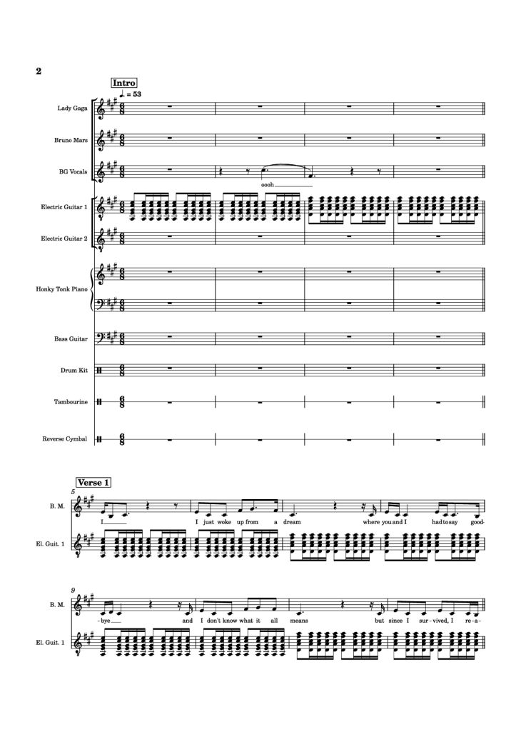 Page 2 of the piano sheet music PDF Piano Guitar Tab – Die With A Smile Piano by Arr. Keilani Bolhuis