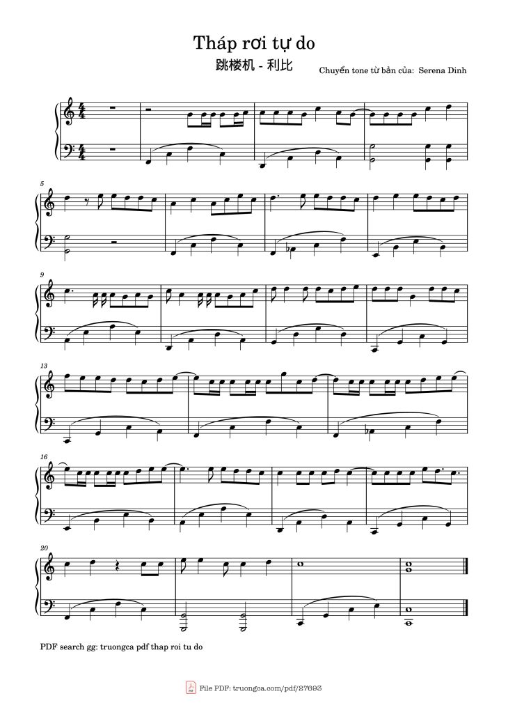 Page 1 of the piano sheet music PDF Piano – 跳楼机 Piano (Tháp Rơi Tự Do, easy) by 利比