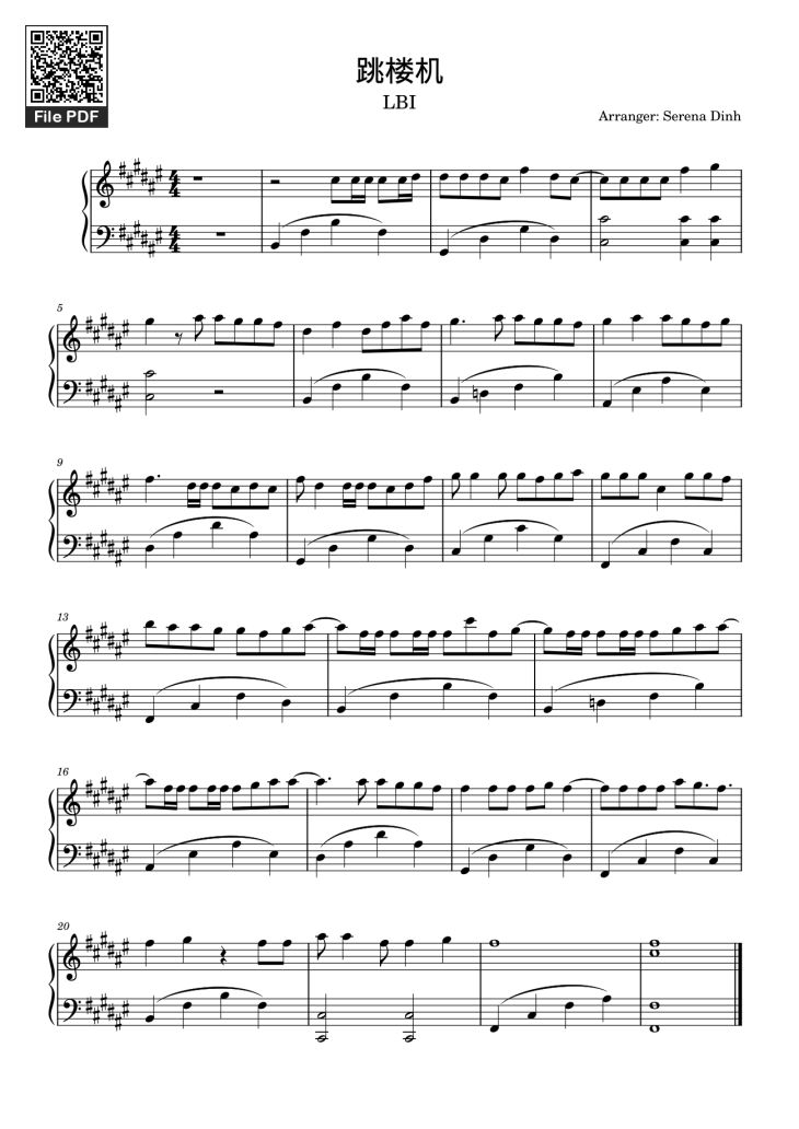 Page 1 of the piano sheet music PDF – Jumping Machine (跳楼机) – LBI利比 Piano by Pé Pou