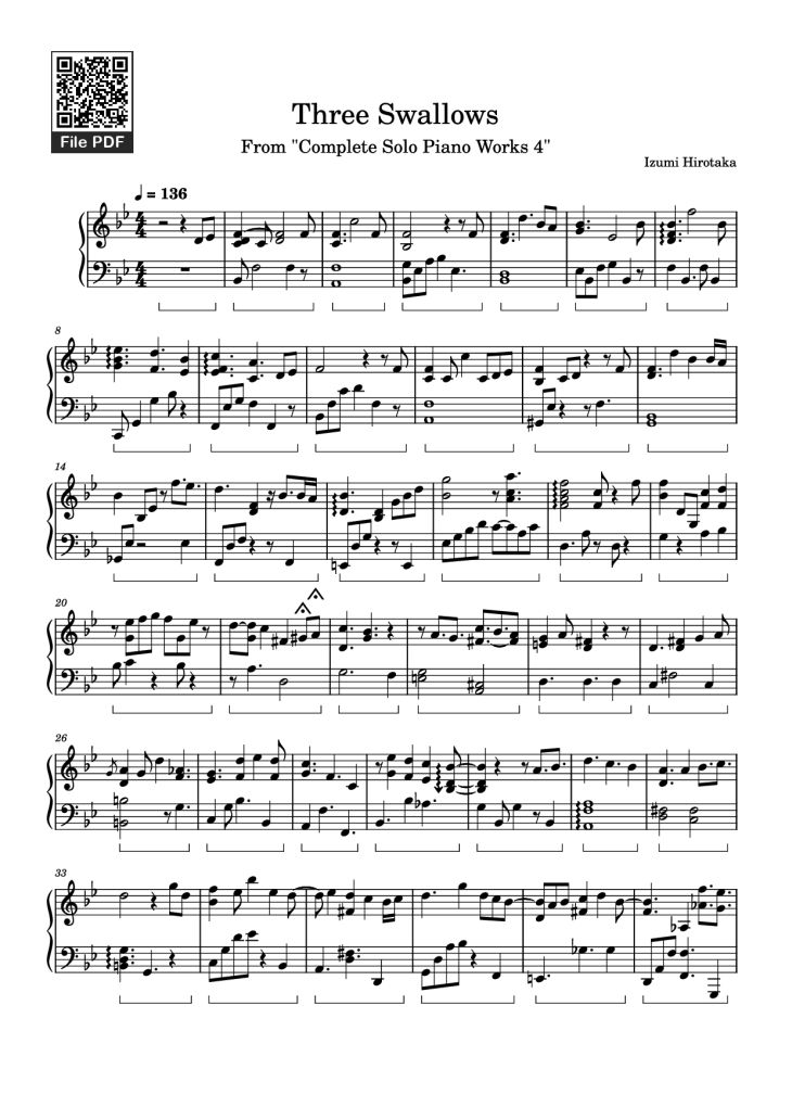 Page 1 of the piano sheet music PDF Piano – Three Swallows Piano by Izumi Hirotaka