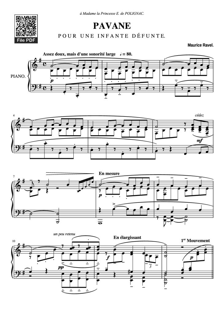 Page 1 of the piano sheet music PDF Piano – PAVANE Piano by Maurice Ravel