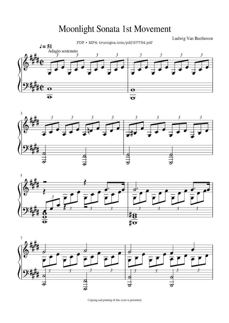 Page 1 of the piano sheet music PDF Piano – Moonlight Sonata 1st Movement Piano by Ludwig Van Beethoven