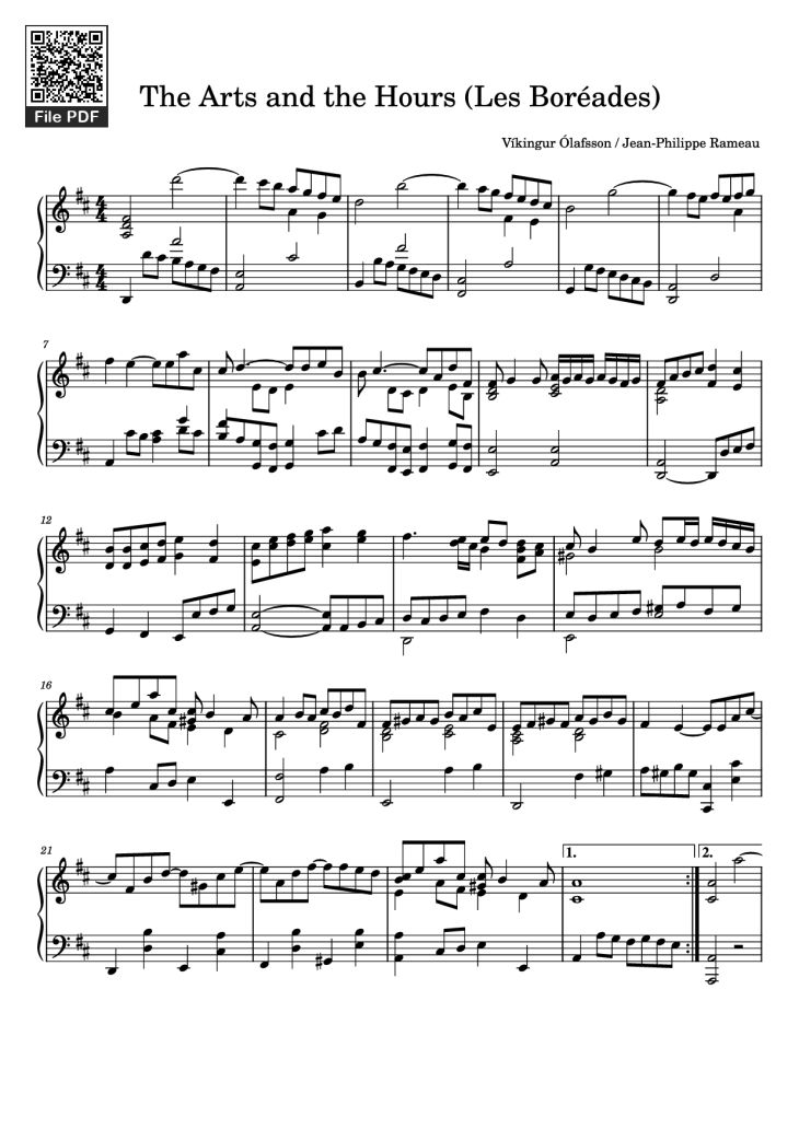 Page 1 of the piano sheet music PDF Piano – The Arts and the Hours (Les Boréades) Piano by Víkingur Ólafsson / Jean-Philippe Rameau