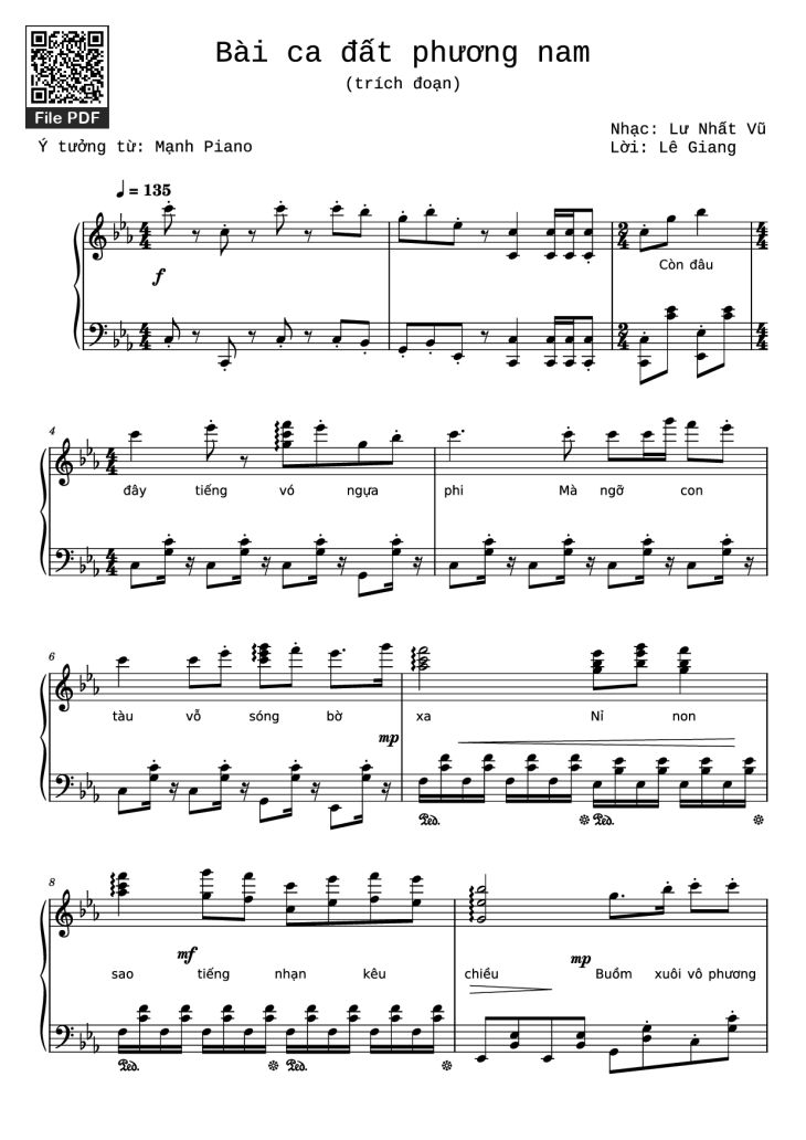 Page 1 of the piano sheet music PDF Piano – Bài ca đất phương nam Piano by Lư Nhất Vũ