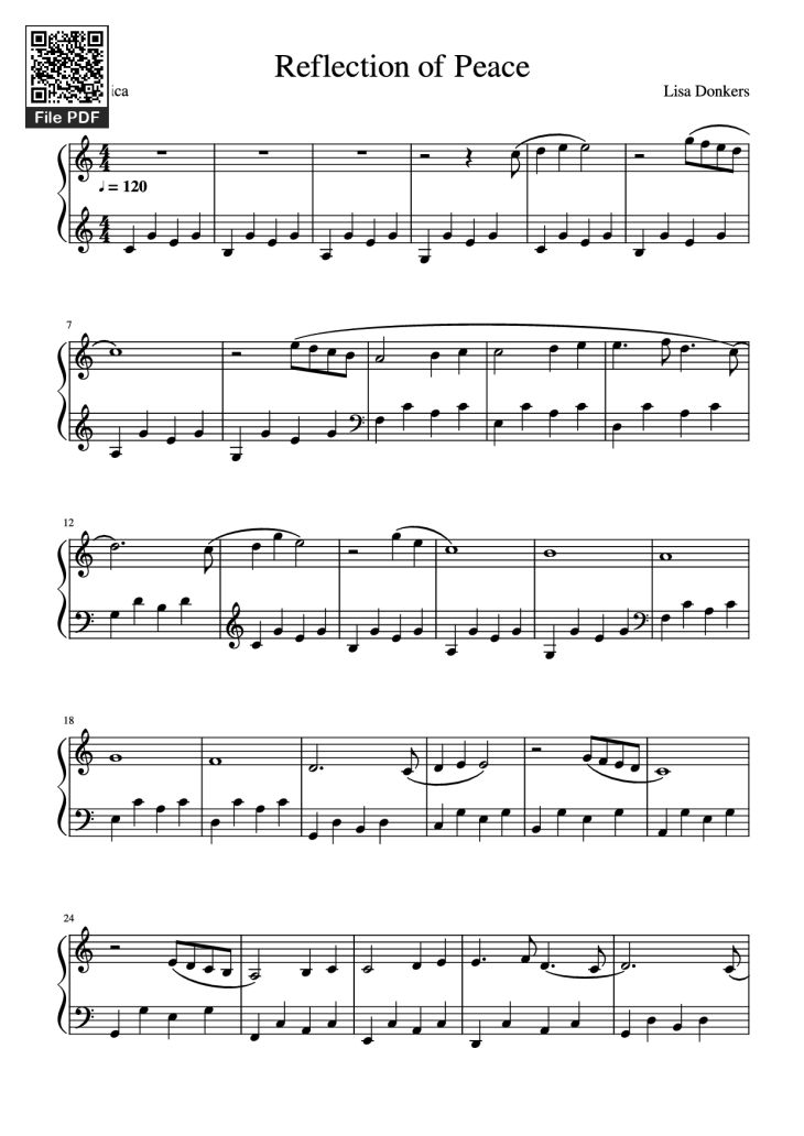 Page 1 of the piano sheet music PDF Piano – Reflection of Peace Piano by Lisa Donkers