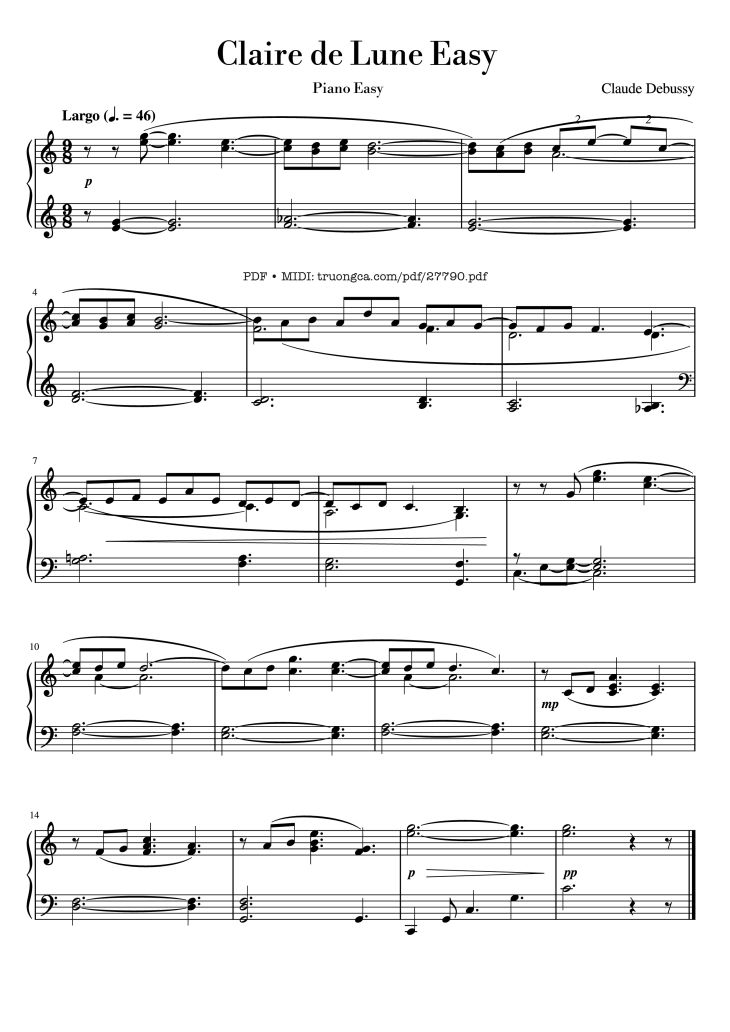 Page 1 of the piano sheet music PDF Piano – Claire de Lune Easy Piano by Claude Debussy