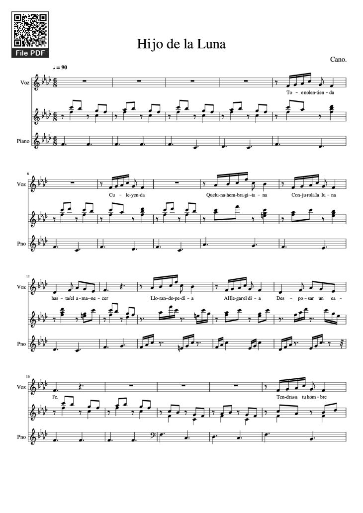Page 1 of the piano sheet music PDF Piano – Hijo de la Luna Piano by Cano