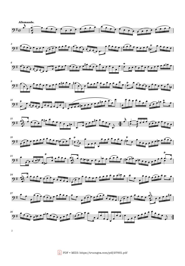 Page 2 of the piano sheet music PDF – Bach Cello Suite No. 1 by Johann Sebastian Bach