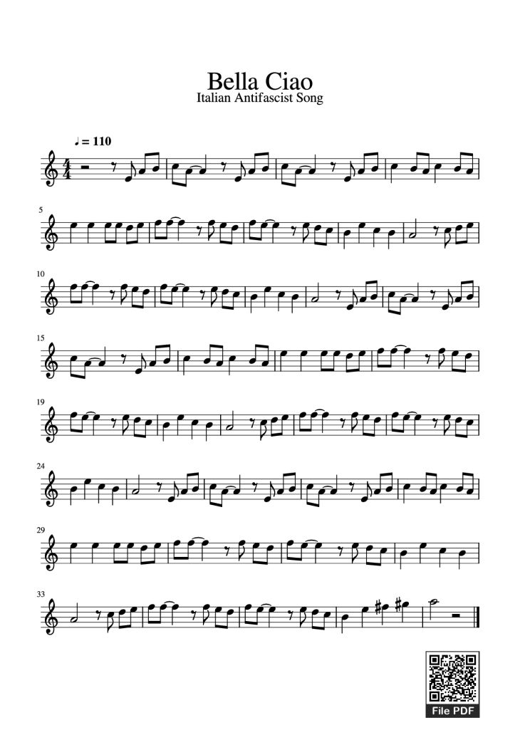 Page 1 of the piano sheet music PDF – Bella Ciao Violin by Undefined