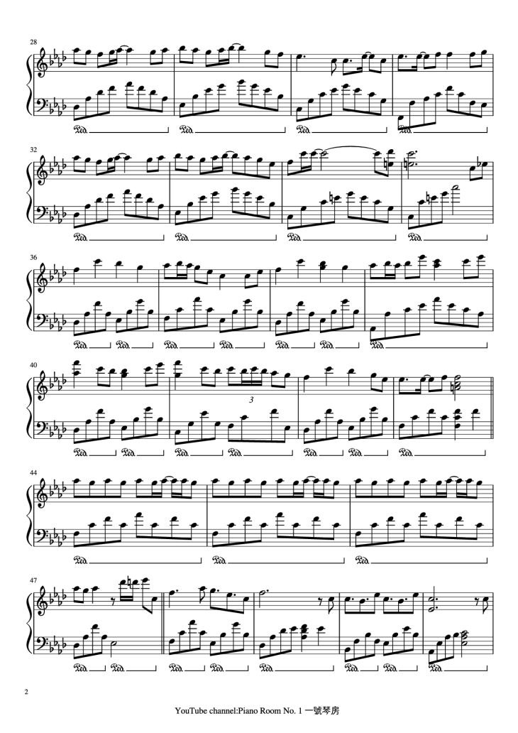 Page 2 of the piano sheet music PDF Piano – 朧月 Hazy moon Piano by Arr. by PianoRoomNo.1 Original Music by 流星P