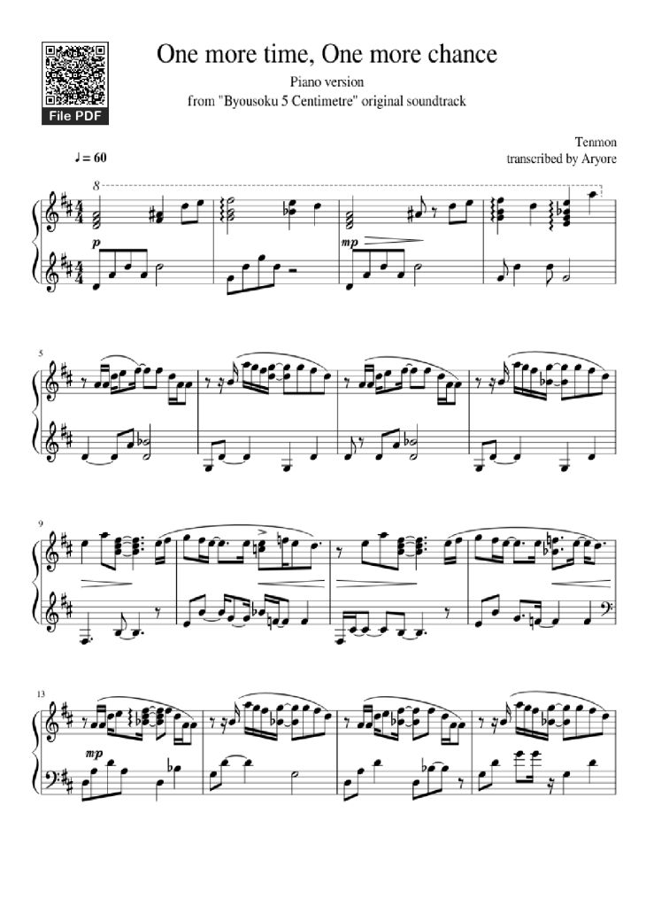 Page 1 of the piano sheet music PDF Piano – One more time, One more chance Piano version from Byousoku 5 Centimetre original soundtrack by Tenmon transcribed by Aryore