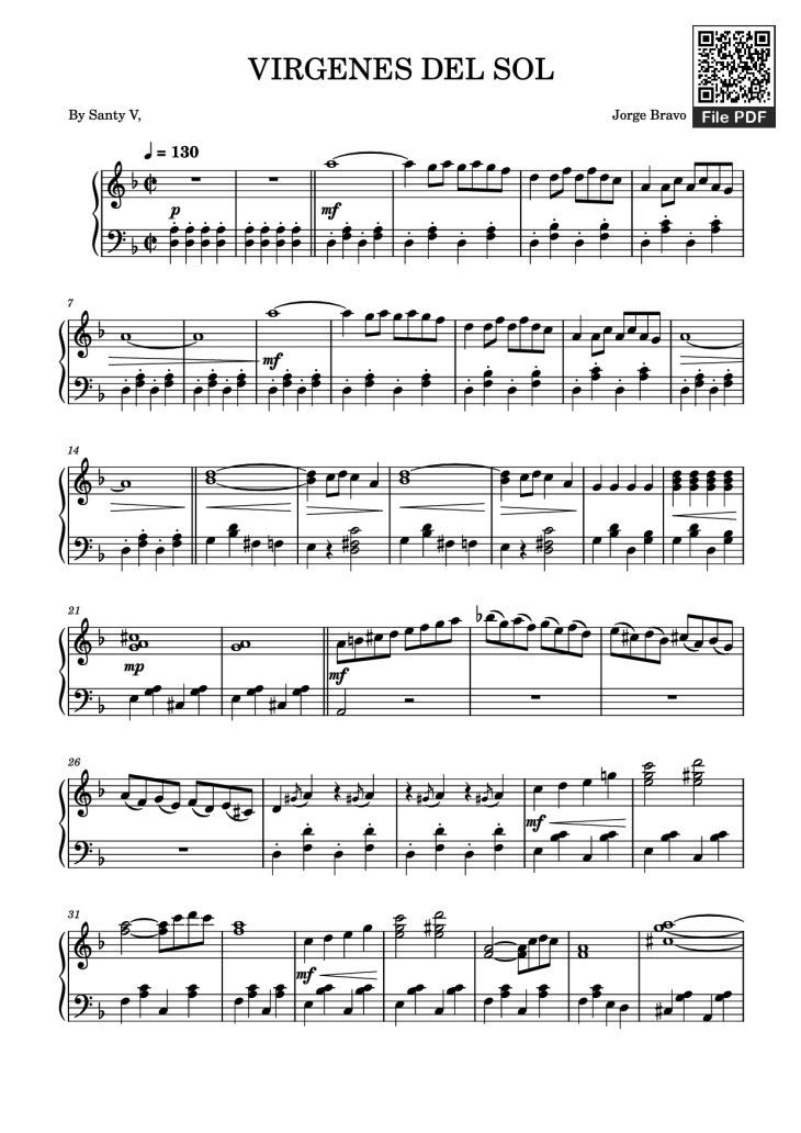 Page 1 of the piano sheet music PDF Piano – VIRGENES DEL SOL Piano by Santy V,                                                                                            