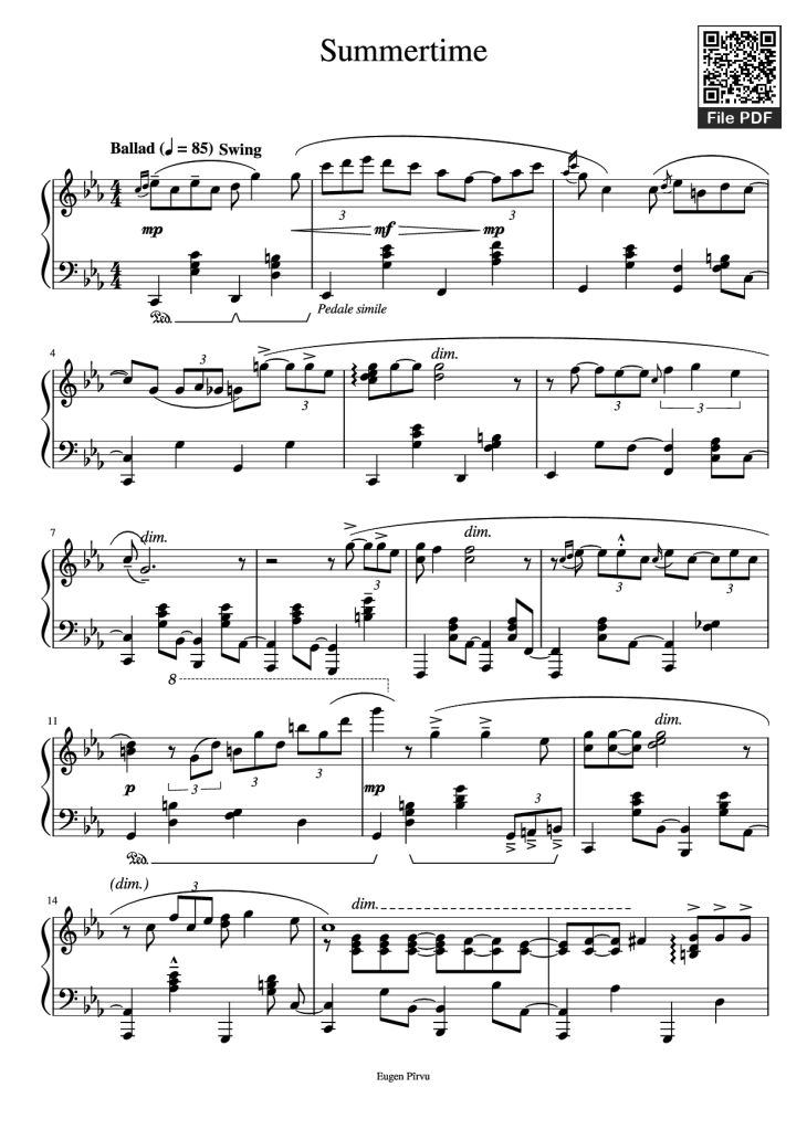 Page 1 of the piano sheet music PDF Piano – Summertime Piano by George Gershwin