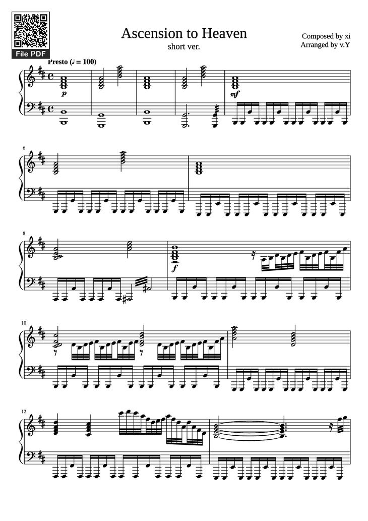 Page 1 of the piano sheet music PDF Piano – Ascension to Heaven Piano by Yusuke Ishiwata