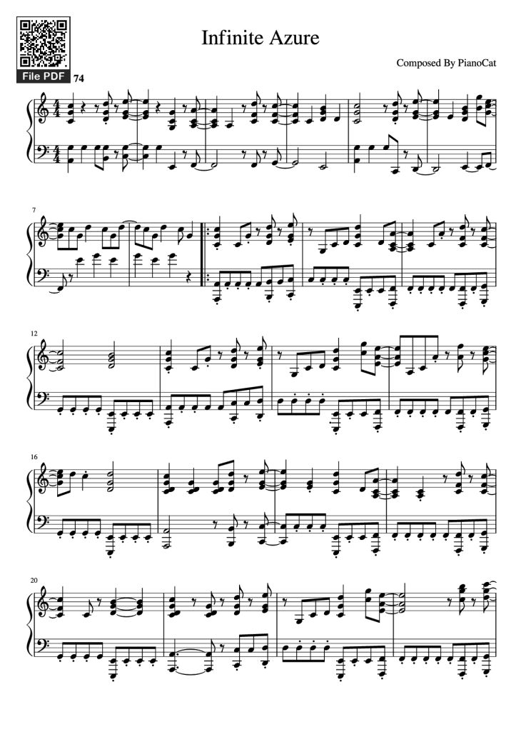 Page 1 of the piano sheet music PDF Piano – Infinite Azure Piano by Composed By PianoCat