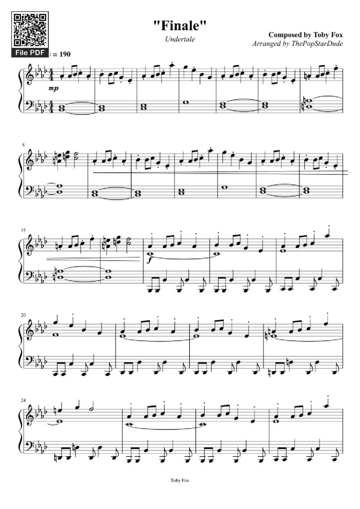 Page 1 of the piano sheet music PDF Piano – Finale Piano by Composed by Toby Fox Arranged by ThePopStarDude