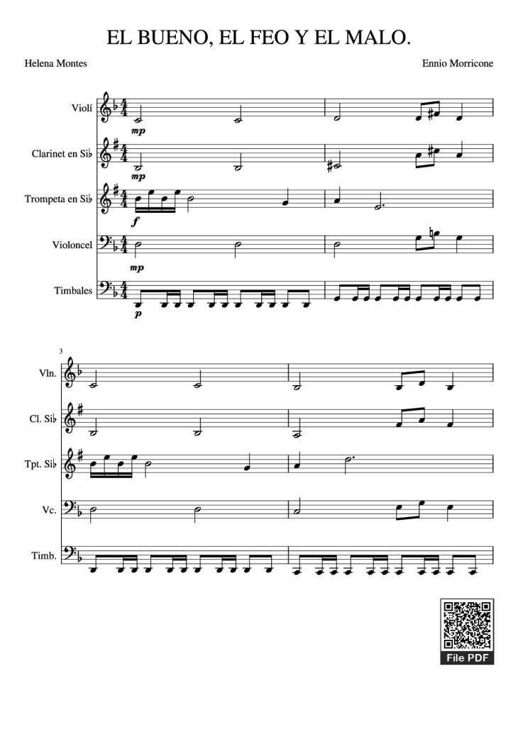 Page 1 of the piano sheet music PDF – EL BUENO, EL FEO Y EL MALO. Violin by Ennio Morricone