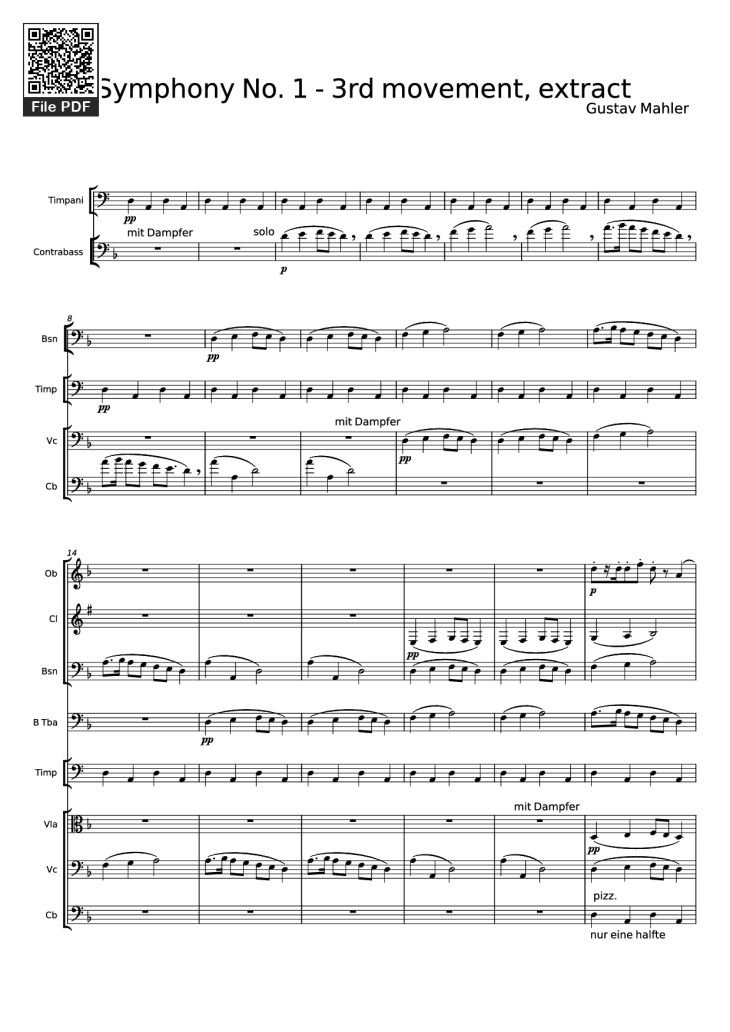 Page 1 of the piano sheet music PDF – Symphony No. 1 - 3rd movement, extract by Gustav Mahler