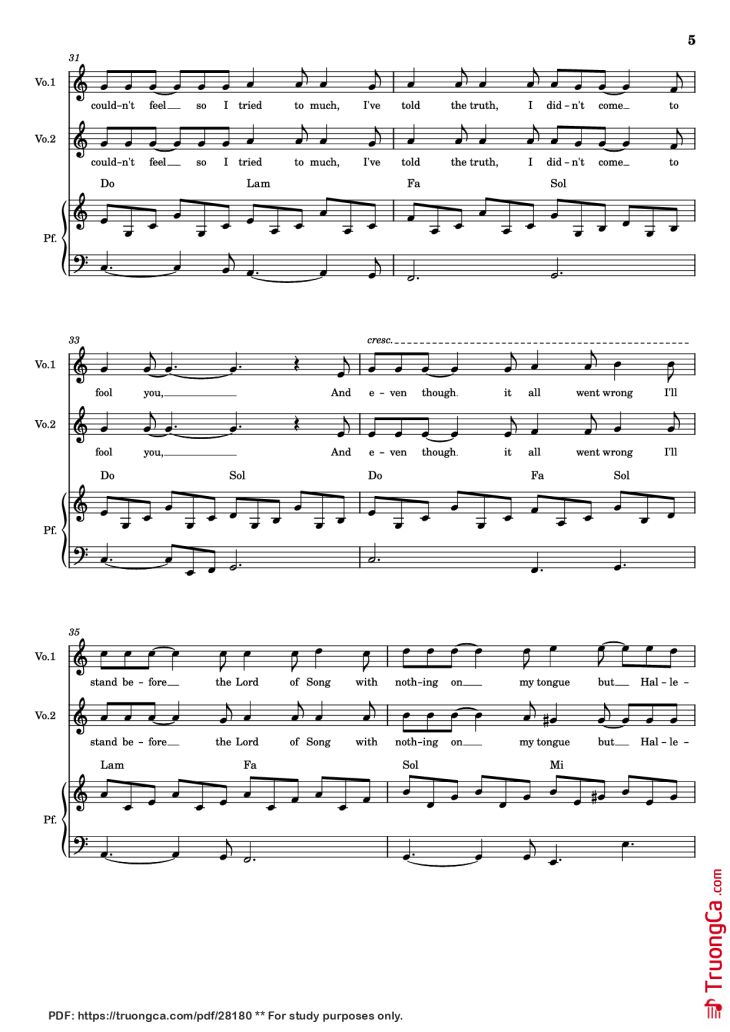 Page 5 of the piano sheet music PDF Piano – Hallelujah Piano by Parole e musica di